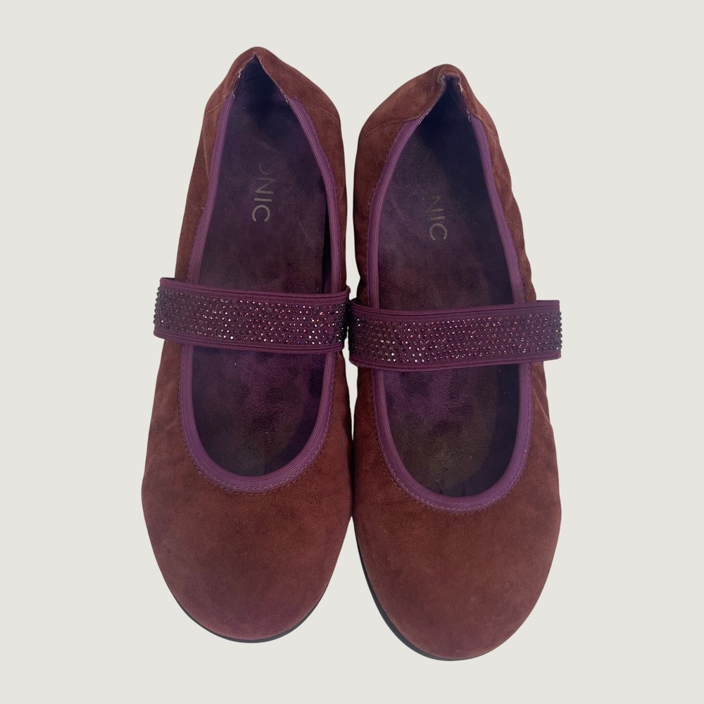 Vionic Fern Mary Jane Flats Burgundy Suede Rhinestone Strap Womens 8 (clo620)